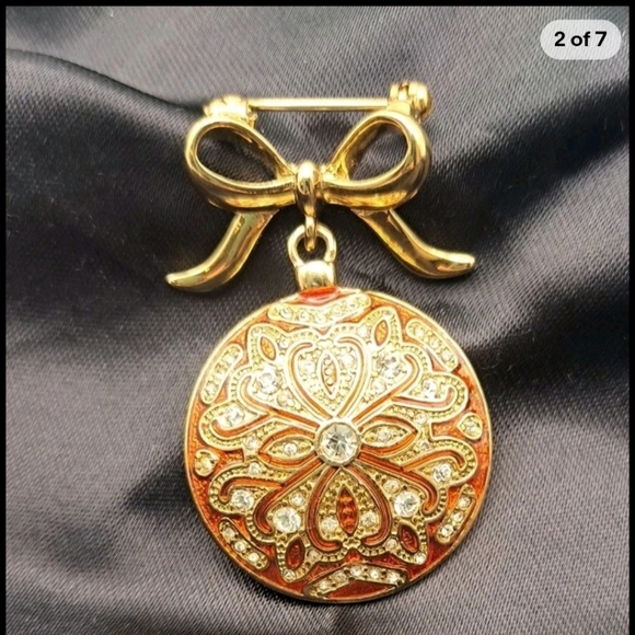 Monet Goldtone and Red Brooch with Crystal Accents - Picture 2 of 8